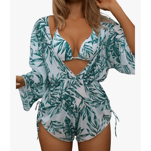 COZYEASE Women's 2025 Summer 3 Piece Swimsuits Tropical Print Bikini Set Halter Drawstring Bathing Suits with Cover Up XL