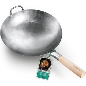 Round Bottom 14-inch Traditional Carbon Steel Wok Pan - Authentic Hand Hammered Woks and Stir Fry Pans - Pow Wok with no chemical coating