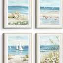 Bedroom Framed Beach Wall Art: Modern Living Room Blue Ocean Scene Picture 4 Piece Bathroom Tropical Coastal Landscape Artwork Vertical Relaxing Seascape Sailboat Painting Sea Print for Home