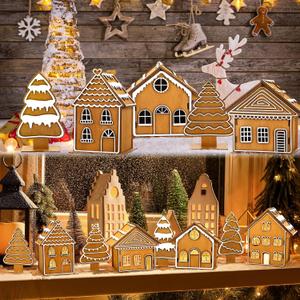 Sumind 8 Pcs 3D Christmas Gingerbread House Tabletop Decorations Wooden Gingerbread Village Table Centerpiece Farmhouse Tiered Tray for Xmas Home Table Mantel Shelf Indoor Decor