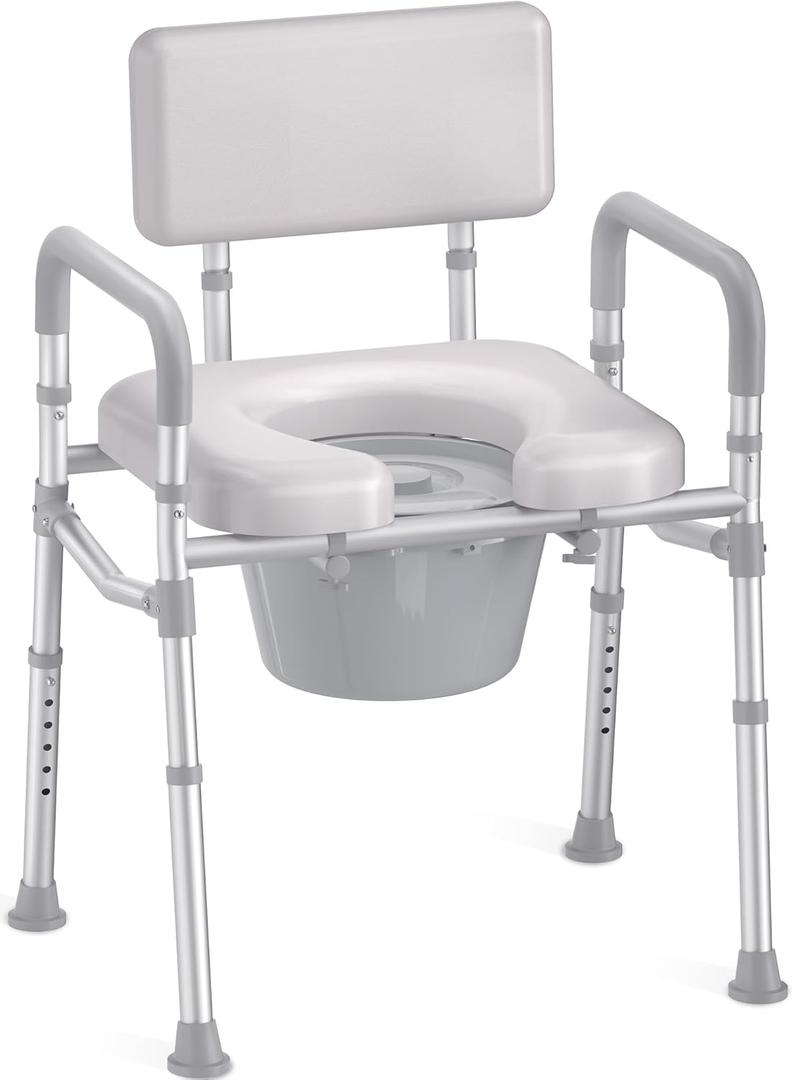 HOMLAND Bedside Commode with Padded Seat and Backrest, Aluminum Commode Toilet with Bucket, Easy Cleaning Portable Toilet for Adults and Seniors, 350 lb Capacity Enhanced Crossbar (Gray)