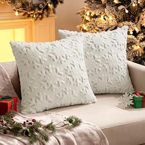 MIULEE Christmas Snowflake Decorative Throw Pillow Covers Set of 2,Soft Fluffy Faux Wool Winter Holiday Couch Pillows for Farmhouse Boho Home Decor Sofa Bed Porch Living Room 18x18 Inch Cream White