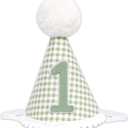 1st Birthday Hat for Baby Boy Girl-Green Gingham First Birthday Cap with Number 1 & Pom Poms, Cute Photo Prop for Baby's 1 Year Old Milestone Party