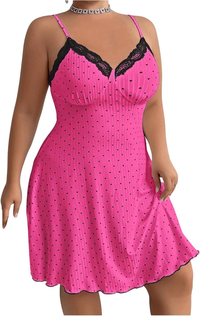 SHENHE Women's Plus Size Lace Trim Sleeveless Heart Nightgown Ribbed Slip Dress Chemise Hot Pink, 3XL