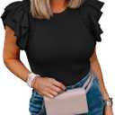 Womens Ruffle Short Sleeve Shirts Slim Fit High Neck Knit Ribbed Tops (Medium, Black)