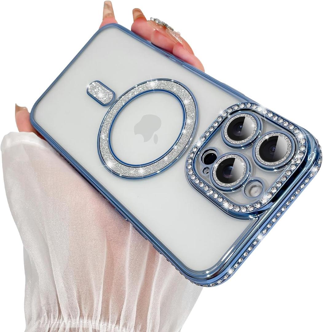 SAKUULO Magnetic Case for iPhone 15 Pro Max 6.7inch Clear Plating,Blue | Compatible with MagSafe,Glitter Sparkly Diamonds Rhinestone with Camera Protector Slim Shockproof Protective Women Girls