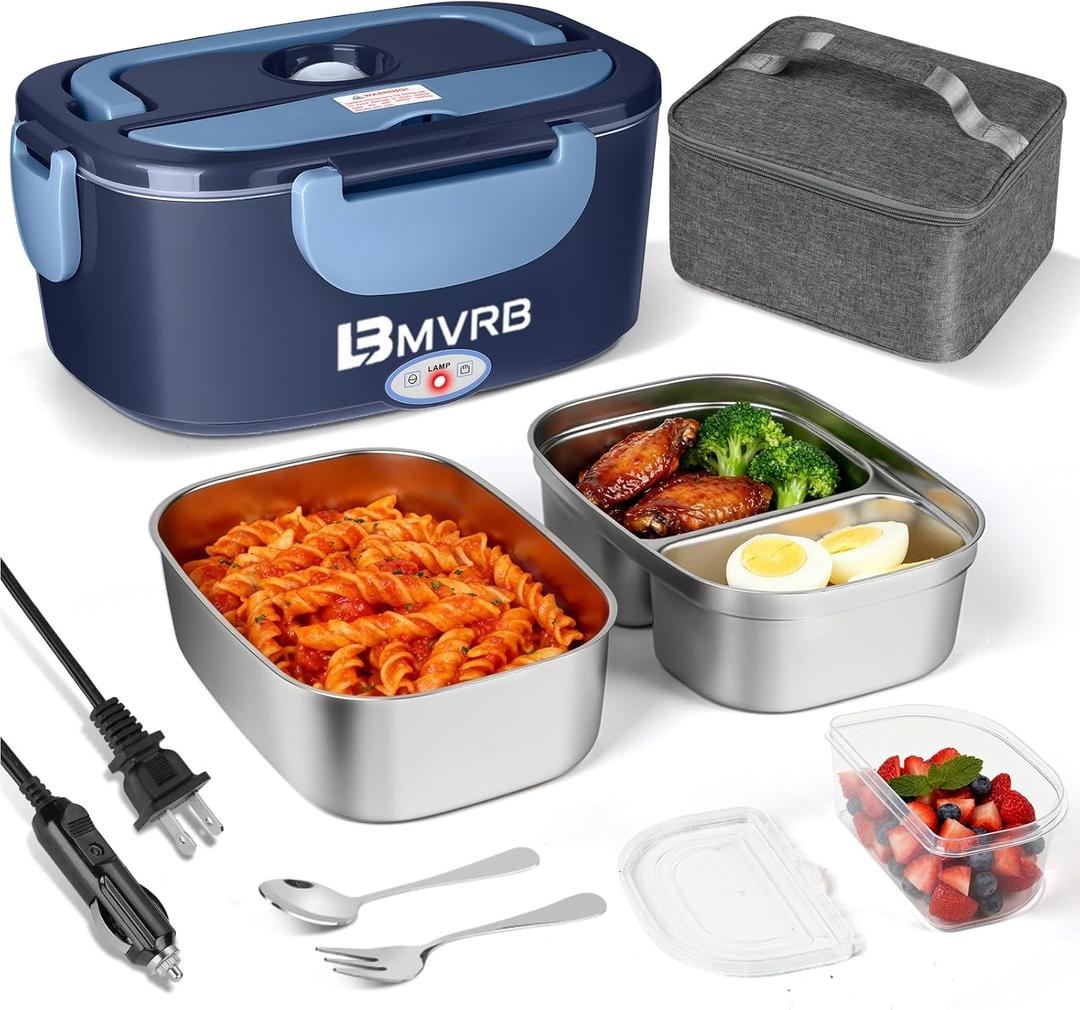 Electric Lunch Box for Adults - 80W Fast Heating, 12V/24V/110V, Dual Stainless Steel Containers, Portable for Car/Truck/Office/Outdoor (blue)