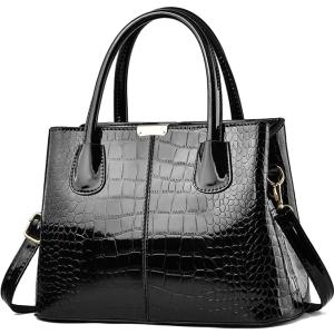 XingChen Handbag and Purse for Women Patent Leather Shoulder Bag Crocodile Pattern Top-Handle Satchel Tote Wallet (Black)