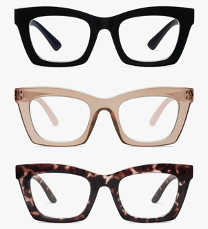 AMOMOMA Trendy Oversized Blue Light Stylish Readers for Women,Retro Square Cute Sturdy Computer Womens Reading Glasses AM6042.  +1.00