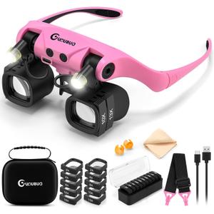 Magnifying Glass with Light, 2X 4X 6X 10X 13X Magnifying Glasses Lens, Switchable Binoculus Loupe w/Storage Case, Rechargeable Head Mount Magnifier for Close Work Watch Repair Crafts Jewelry (Pink)