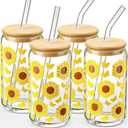 DWTS DANWEITESI Glass Cups with Lids and Straws with Design Sunflower 4 pcs,Clear Glass Cups 16 oz-Drinking Glasses Set,Glass Tumbler,Cute Design Glass Iced Coffee Cups with Lids and Straws