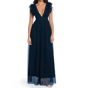 Women's Elegant Sleeveless Deep V Neck Mesh Ruffle Long Formal Party Evening Dress (US, Alpha, Large, Regular, Regular)