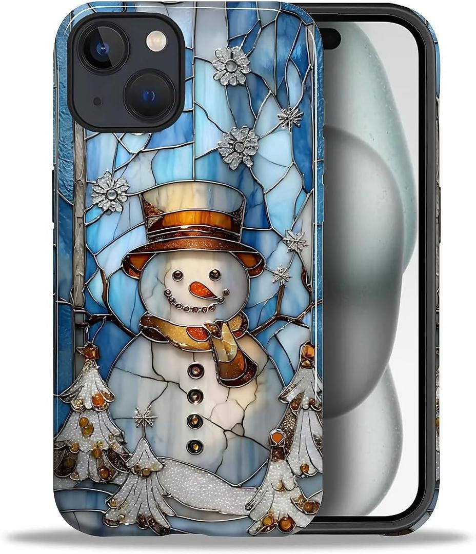 Case for iPhone 15, PC Hard Shell & Silicone Inner Bumper, Anti-Scratch Full-Body Cover Shockproof Slim Design -Cute Snowman Stained Winter Christmas