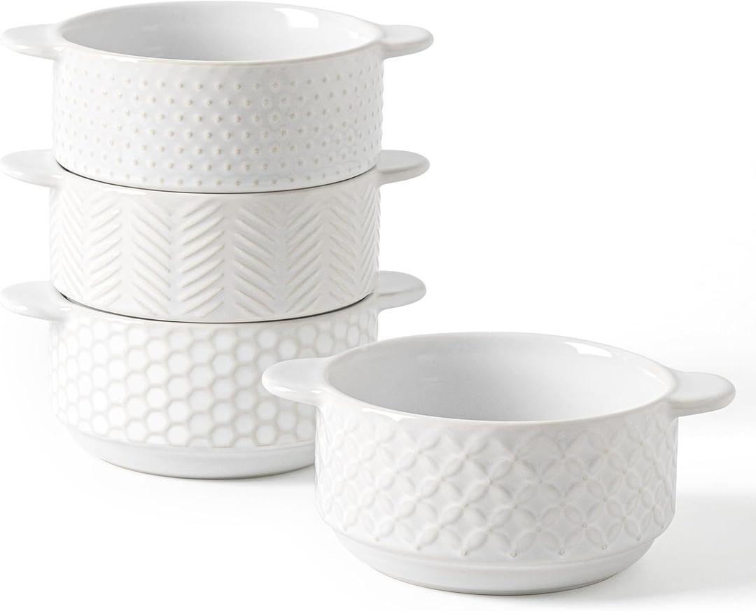 FOBENTA Soup Bowls with Handles, 20 Oz Embossed Ceramic Bowl Set of 4 Oven & Microwave Safe, Ideal for Stew, Chili, Cereal Textured Deep Bowls for Everyday Comfort (Arctic White)