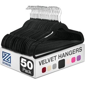 Zober Velvet Hangers 50 Pack - Black for Coats, Pants & Dress Clothes - Non Slip w/ 360 Degree Swivel, Holds up to 10 lbs - Strong Felt Hangers for Clothing