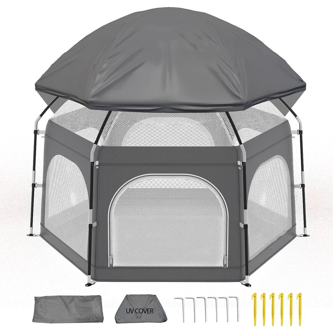Baby Playpen with Canopy, Portable Outdoor & Indoor Baby Beach Tent for Babies and Toddlers, Foldable Play Yard with Mosquito Net, Travel Play Yard Includes Sand Stakes & Carry Bag