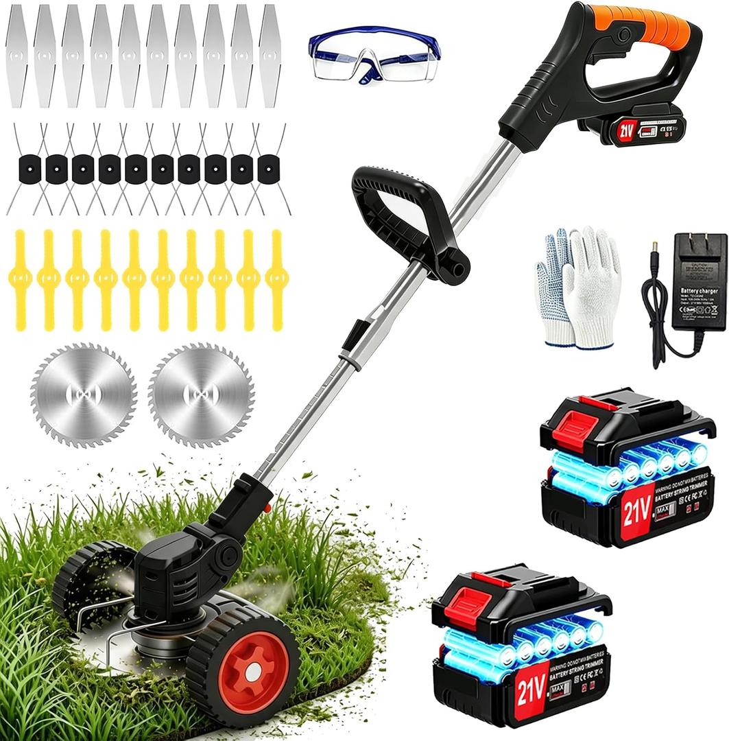 Cordless Electric Weed Wacker Eater, Stringless Trimmer Battery Powered 3 in 1 Lightweight Grass Trimmer/Brush Cutter/Edge, 4 Types Blade, No String Weed Trimmer with Wheels for Lawn Yard Garden