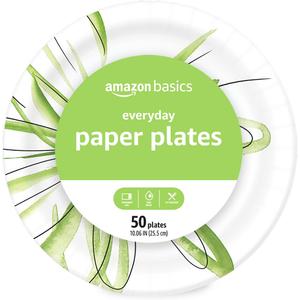 Amazon Basics Everyday Disposable Paper Plates, 10 Inch, Microwave-Safe, Cut Resistant, Soak-Proof, 50 Count
