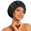 Reusable Shower Cap for Women, Large Waterproof Shower Bonnet Washable Elastic Band Bath Accessories Hair Hat for Long Hair, Braids (Black)