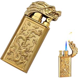 Torch Lighter, Windproof Double Flame Dragon Butane Lighter, Cool Dual Jet Flame Refillable, Creative Gift for Men (Gold)