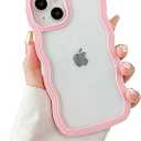 Clear Case for iPhone 13/14 6.1 Inch, Cute Transparent Curly Wave Frame Aesthetic Design Soft TPU Bumper Case, for Women Girls Slim Shockproof Protective Phone Case, Pink