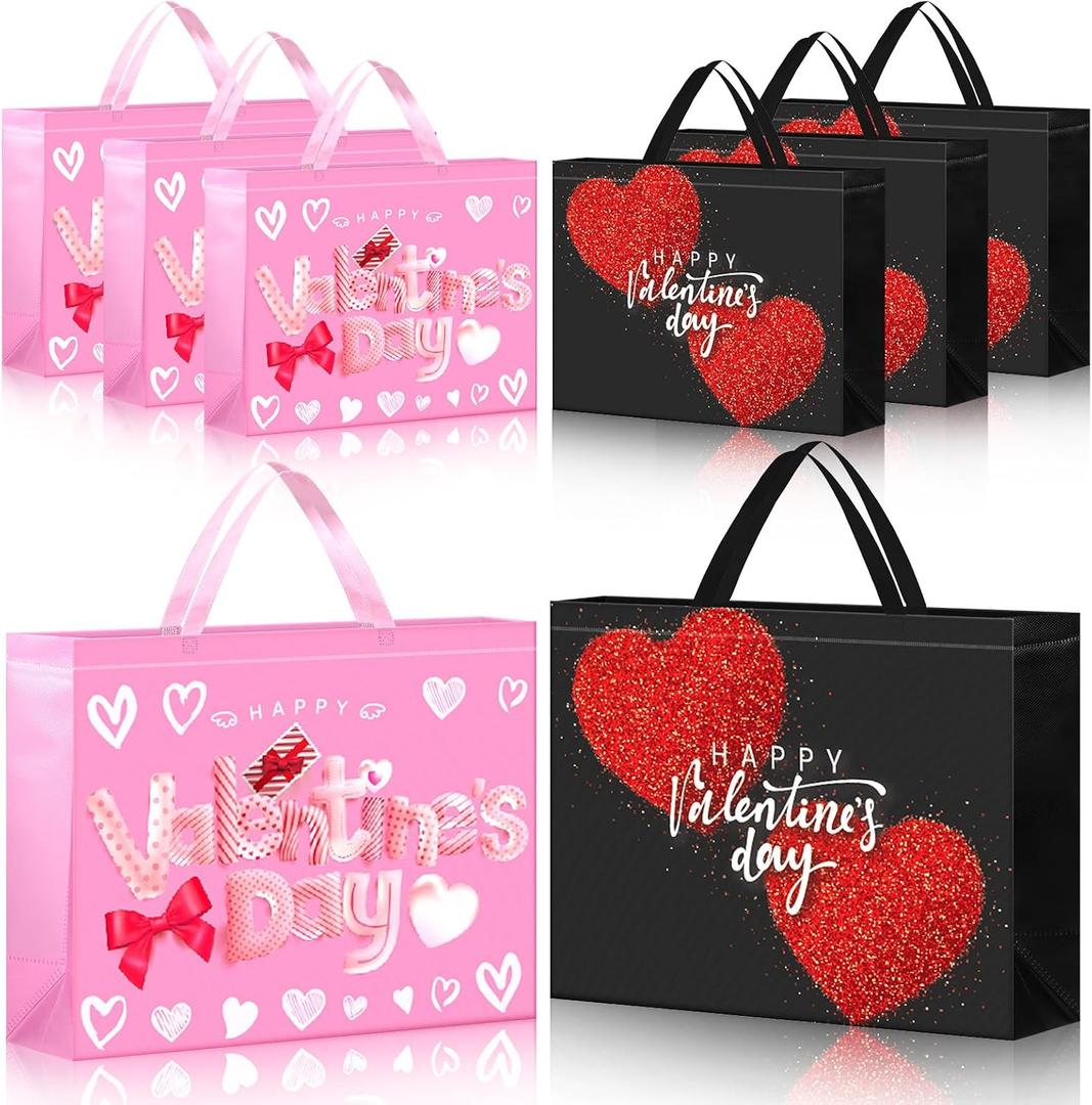 Sweetude 6 Pcs Extra Large Valentine's Day Gift Bags Bulk 16" x 13" Reusable Pink Gift Bags for Flower Candy Red Heart Wrapping Pink Black Tote Bag with Handles Non Woven Bag for Valentines Day Gifts