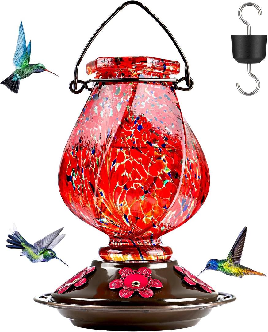 BOLITE Hummingbird Feeder, Hand Blown Glass Hummingbird Feeders for Outdoors Hanging with Ant Moat, 5 Bee-Proof Ports, Leak-Proof, 360 Perch, 22oz, Red, Gifts for Women Men, Gifts for Mom Dad