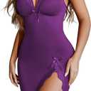 Avidlove Lingerie for Women Sexy Lace Nightgowns Side Slit Sleepwear V Neck Babydoll Chemise (Large, Purple)