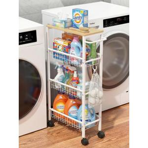 Rolling Utility Cart, 4-Tier Slim Narrow Storage Cart with Wheels for Kitchen, Laundry Room Organization, Metal Bathroom Organizer with Wood Top, Natural Wood Color, 17.3" x 7.9" x 32.6"