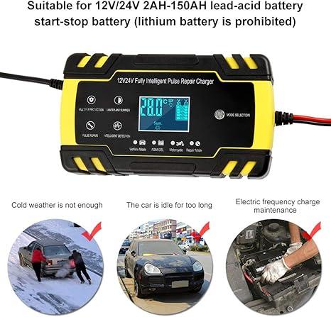 ODOMY 12V/24V Smart Battery Charger | Pulse Repair Charger with LCD Display | Intelligent Mode Overvoltage Protection Temperature Monitoring for Car, Truck, Motorcycle, Boat, SUV, ATV