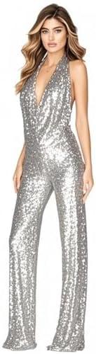 Aelidiya Sequin Jumpsuits Halter Cowl Neck Backless Romper Shiny Overalls Pants, Medium