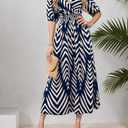 Women's V Neck Half Sleeve Chevron Print Maxi Dress 2026 A Line Casual Summer Beach Vacation Sundress (Blue, Large)