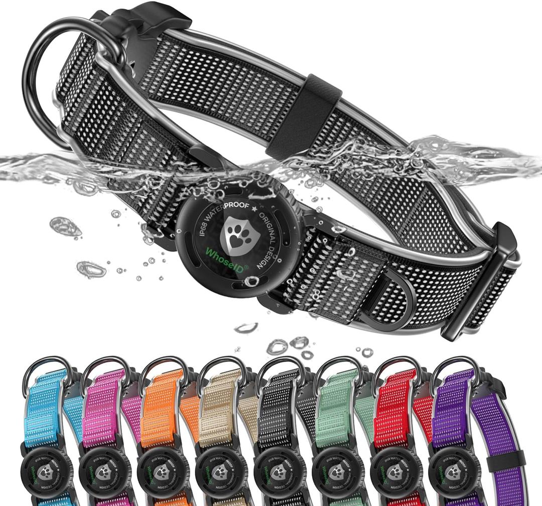 WhoseID AirTag Dog Collar, Waterproof Reflective Dog Collar with AirTag Holder and Magnetic Buckle, Heavy Duty Pet Collar for Small Medium Large Dogs, Black