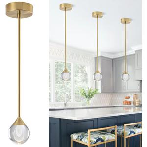 1-Light Teardrop Crystal Pendant Light, Dimmable Mini LED Crystal Hanging Light Fixtures, Gold Brushed Brass Finish Modern Ceiling Pendant Lighting for Kitchen Island Dining Room Bedroom Bar