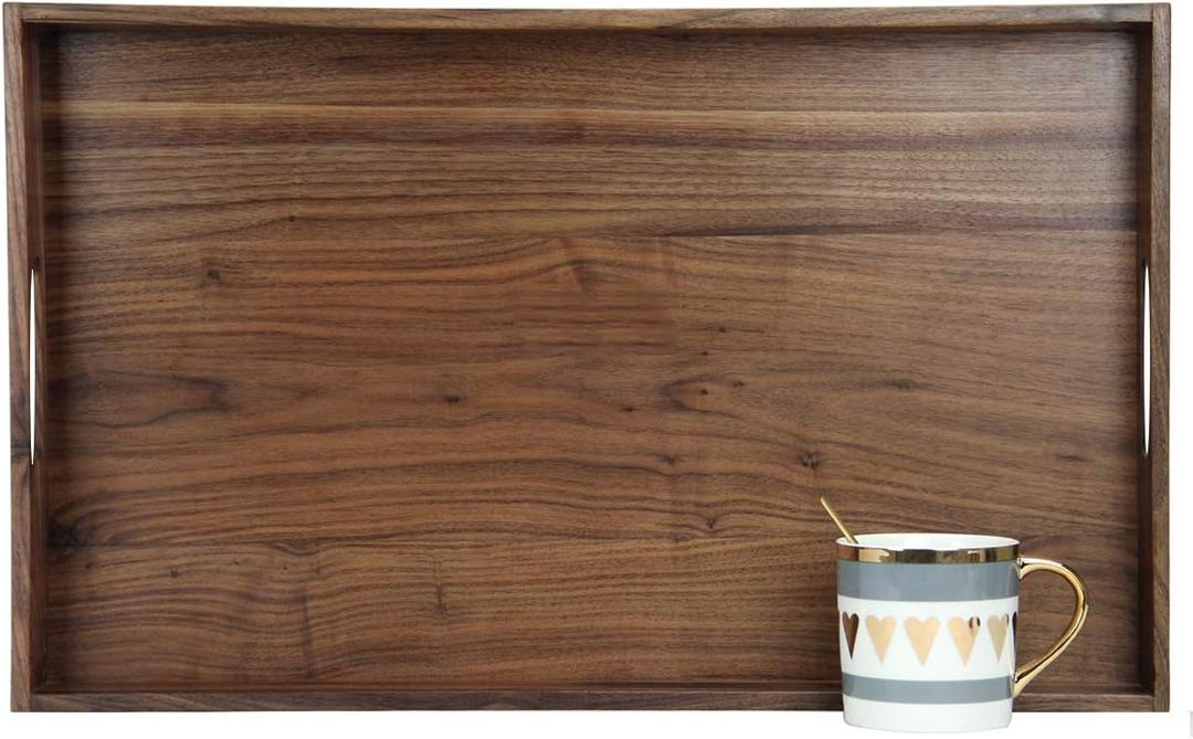 22 x 14 Inches Large Rectangle Black Walnut Wood Ottoman Tray with Handles, Serve Tea, Coffee, Classic Wooden Decorative Serving Tray