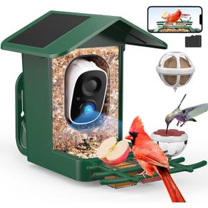 Bird Feeder with Camera Solar Powered, AI Identify & Auto Capture with 32GB Card, 2K HD Live Video Smart Bird Feeder Camera Instant Notifications in Backyard, Gift for Bird Lovers (Green)