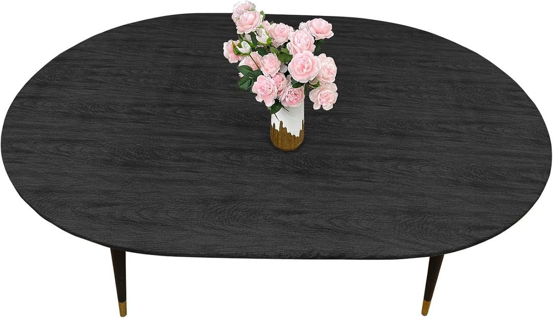 LIBERECOO Oval Fitted Vinyl Tablecloth - Black Wood - Fits 48 x 68 Inch Oval Table - Waterproof, Elastic Edged for Secure Fit, Easy to Clean Plastic Table Cover