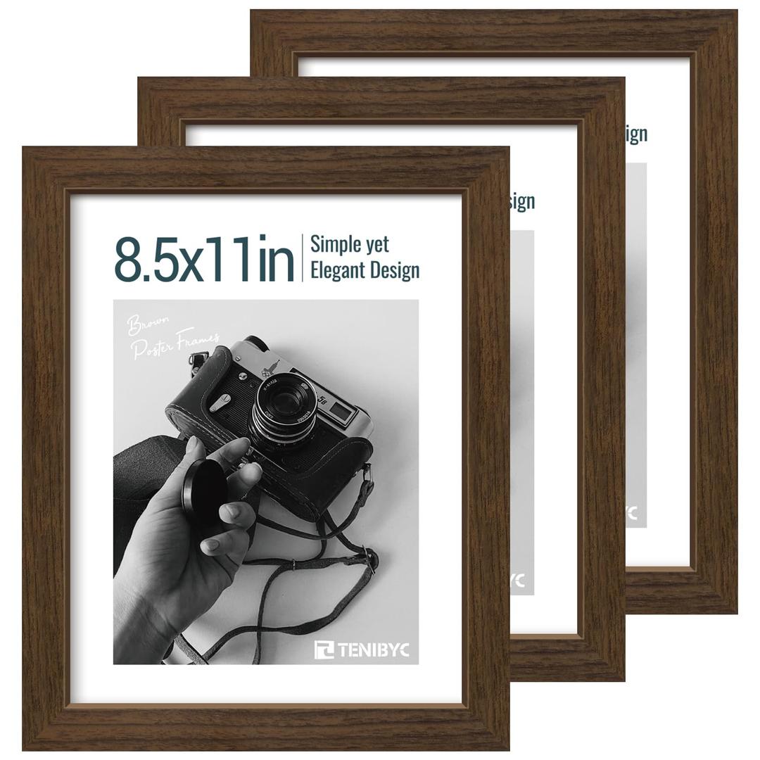 TENIBYC 8.5x11 Picture Frame Set of 3 - Brown Woodgrain, Wood Photo Frame, HD Tempered Glass, Table Display or Wall Hanging
