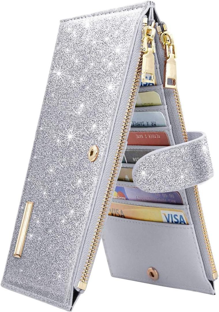 Womens RFID Blocking Large Capacity Wallet Multi Card Organizer Bifold Wallet for Women with Zipper Pocket (Silver Glitter)