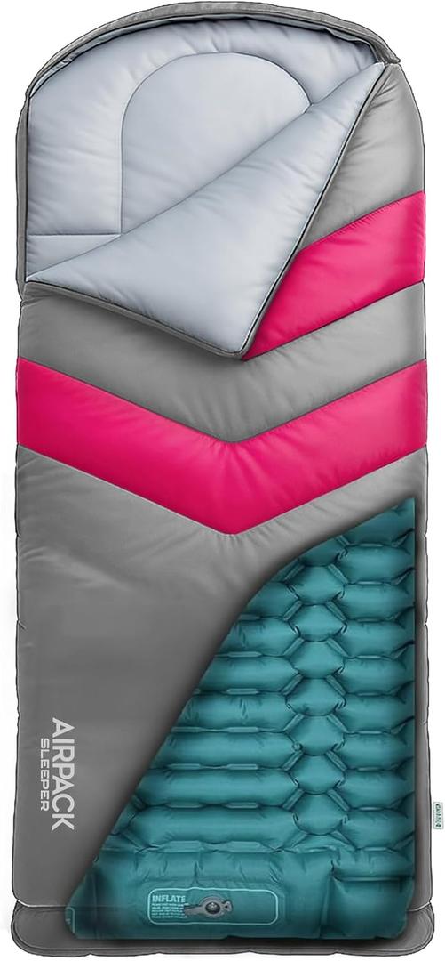 Kids Sleeping Bag with Built-in Pad and Foot Pump (Fits Up to 4'6") All-in-One Inflatable Mattress for Sleepovers, Camping and Travel (Gray/Pink)
