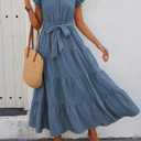 dowerme Women's Summer Casual Dresses 2026 Cap Ruffle Sleeve V Neck Button Belted Tiered Boho Maxi Dress with Pockets (Blue, L)