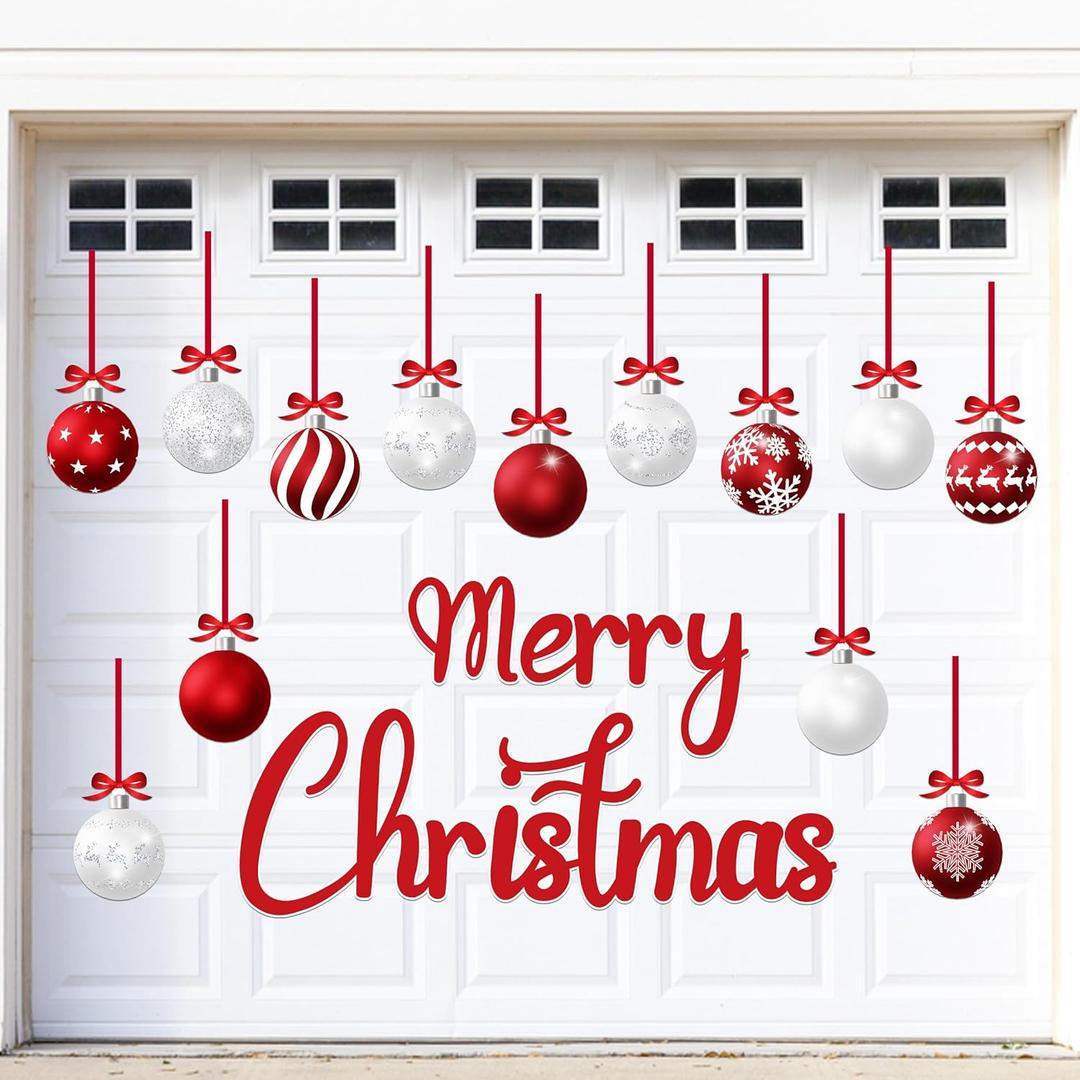 32PCS Christmas Garage Door Decorations Magnets - Merry Xmas Ball Holiday Refrigerator Fridge Kitchen Decor(Red, White)