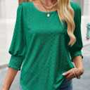 Tankaneo Womens 3/4 Length Sleeve Ladies Tops and Blouses Casual Eyelet Top Crewneck Dressy Shirts with Smocked Cuffs 2025 (Green, L)