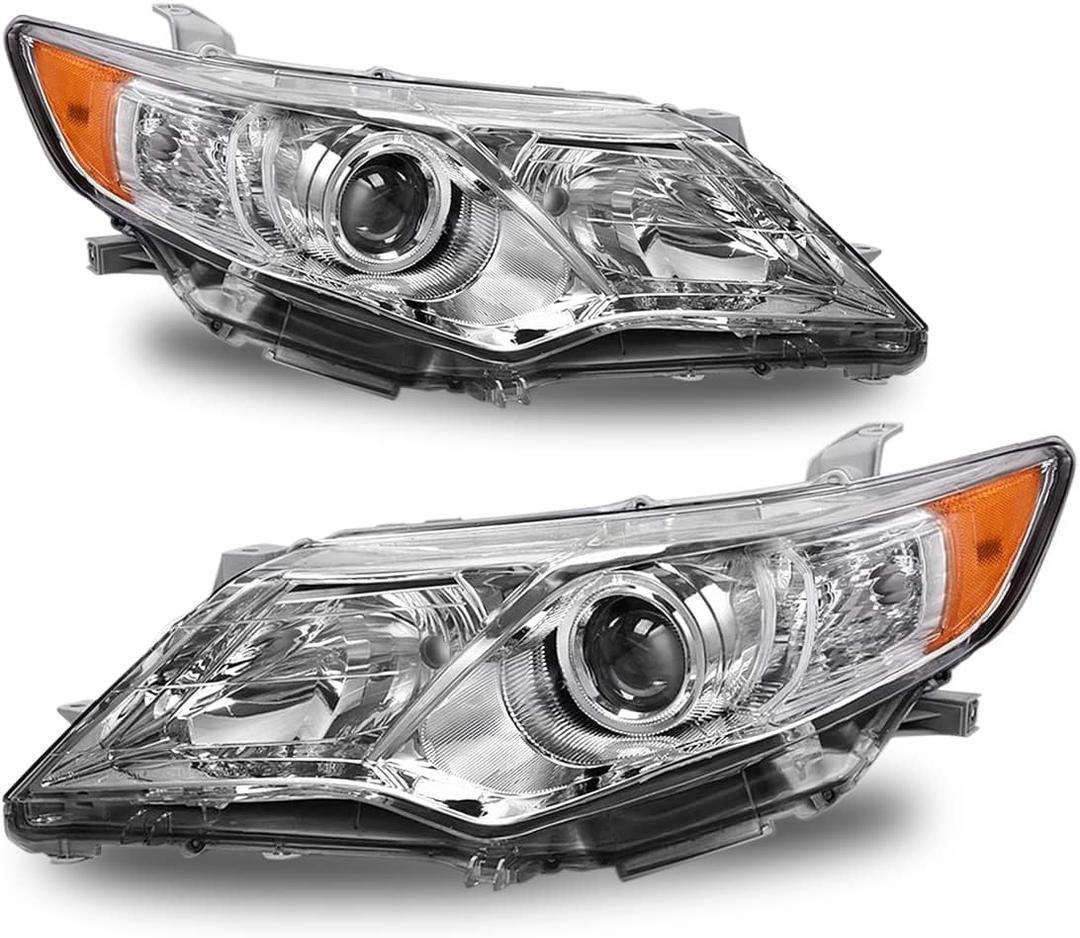 Headlights Fit for 2012-2014 Toyota Camry Pair Headlamp Replacement Kit Chrome Housing Amber Reflector LH+RH (Chrome / Amber)