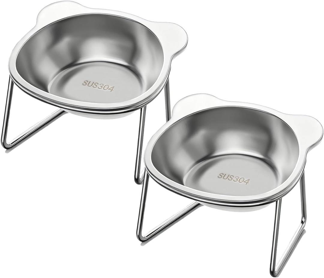 2 Pcs Elevated Cat Bowls, 15Tilted Stand Whisker Friendly Raised Cat Food & Water Dishes, 5.9 inch Stainless Steel Indoor Anti-Vomiting Small Dog Bowls,Dishwasher Safe,Spine Friendly