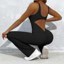 OVESPORT Workout Flare Jumpsuits Women Sexy Scrunch Butt Yoga Romper Backless Gym Bodycon V Back Seamless Unitard Playsuit Black, X-Large