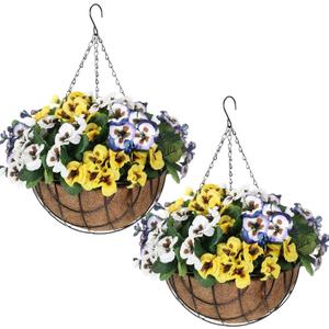 Canlierr 2 Pack Artificial Hanging Flowers in Basket for Spring Summer Outdoor Decor Fake Hanging Plant Faux Pansy Flower with 12 Inch Coconut Lining Basket for Patio Garden Porch Home(Colorful)