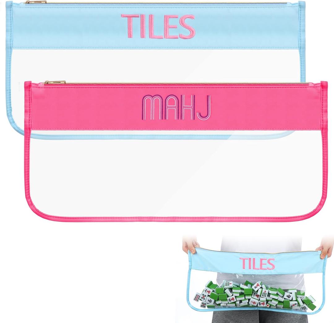 2 Pcs Empty Mahjong Tile Bag 20.9 x 9.45 Inch American PVC Clear Mahjong Case Size 166 Waterproof Zippered Storage Tile Holder Rack Bag for Game Lover Gift Travel, Case Only(Blue,Rose Red)