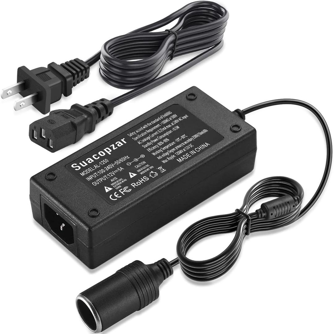AC to DC Converter 12V Car Cigarette Lighter Socket (NOT for Air Compressor Air Pump Inflator), AC 100-240V to DC 12V 5A 60W Car Power Adapter Transformer w/ 8.8ft (270cm) Extra Long Cord