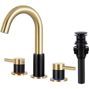 FGKQ Bathroom Faucets 3 Hole, 8 Inch Widespread Bathroom Sink Faucets with Pop Up Drain, Sink Faucet Bathroom 2 Handles with Water Supply Pipes, Gold and Black